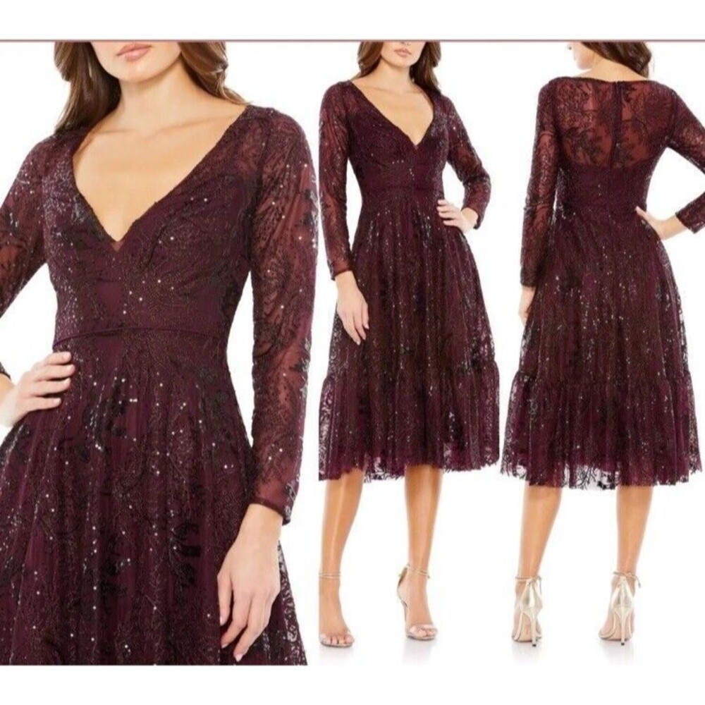 NWT $498 Mac Duggal Size 16 Lace Embellished Long Sleeve Ruffle Dress Wine #S773